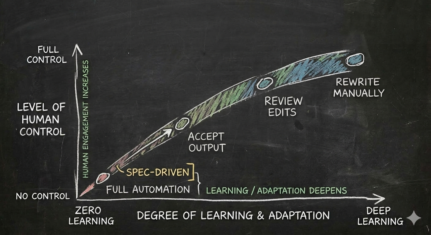 The learning-automation spectrum: from spec-driven (zero learning) to rewriting manually (deep learning)